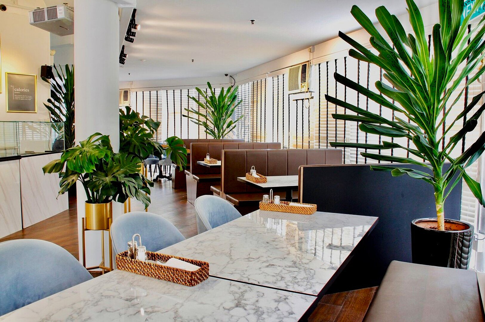 Bright, modern cafe with marble tables, blue chairs, and brown booths. Large green plants create a fresh atmosphere, enhanced by ample natural light.