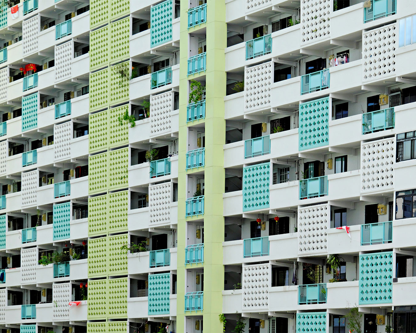 Close-up of HDB estate showcasing multiple blocks, each with distinct layout and spacing, illustrating the unique rhythm and pattern of the neighbourhood