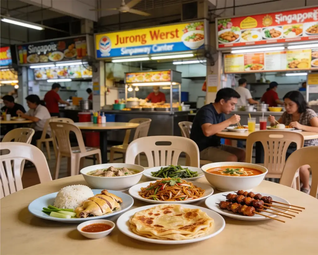 A table filled with a variety of Singapore hawker dishes from Jurong West and Jurong East, including different plates of local favourites placed closely together, showcasing the vibrant mix of flavours and casual dining atmosphere typical of hawker centres.