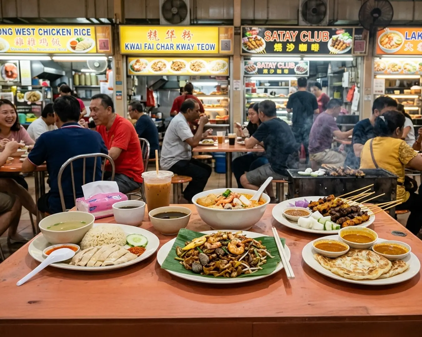 A spread of assorted hawker dishes arranged on a table at Jurong West 505 Market & Food Centre, featuring colourful plates of local street food that highlight the diversity and affordability of Singapore’s beloved hawker culture.