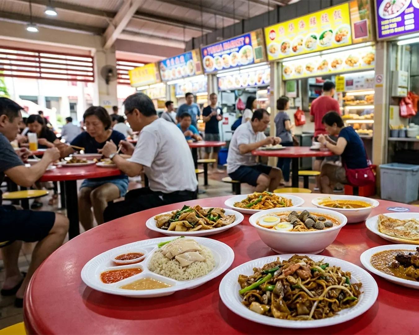 Diners seated at shared tables in a bustling hawker centre, enjoying freshly prepared local dishes while chatting and relaxing in the lively and communal dining environment.