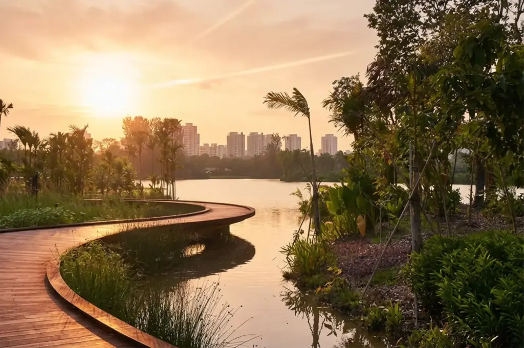 Curved wooden boardwalk over lake at sunset with tropical vegetation and city skyline