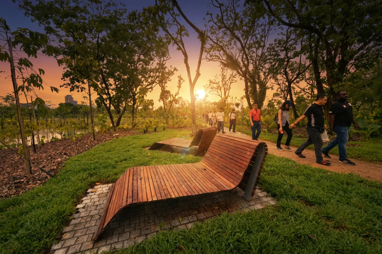 Shaded wooden boardwalk and benches under tree canopy at Jurong Lake Gardens with tranquil lake views