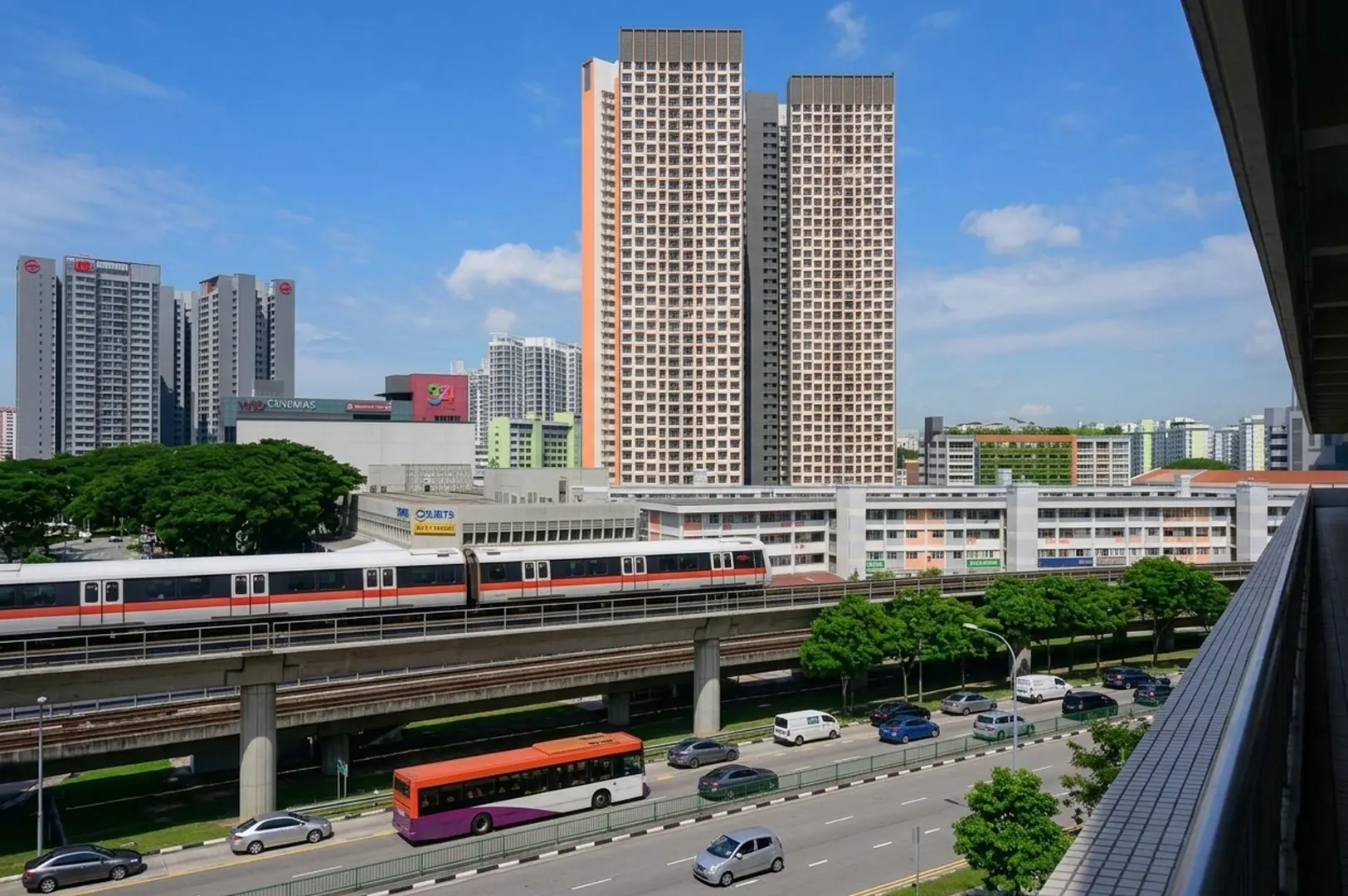 MRT train on elevated tracks passing through Clementi with tall residential buildings and busy roads below