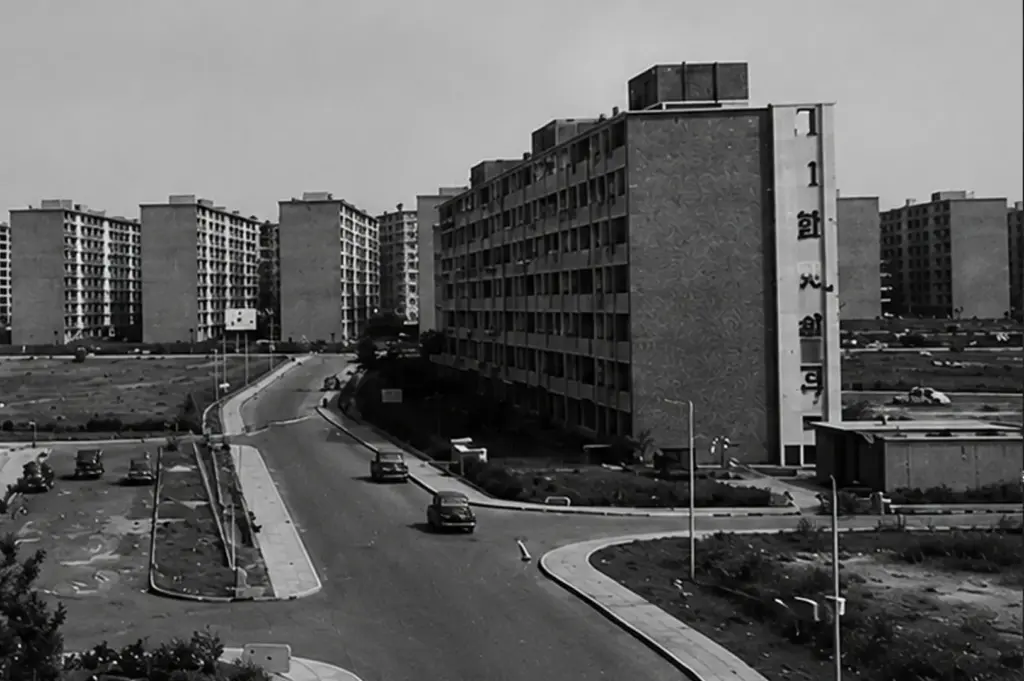 Black and white view of early Queenstown HDB flats with vintage cars on a winding road and undeveloped land