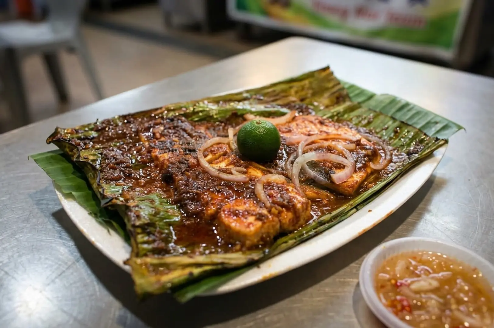 Grilled BBQ stingray on banana leaf with sambal sauce, sliced onions, and calamansi lime at Chomp Chomp hawker centre