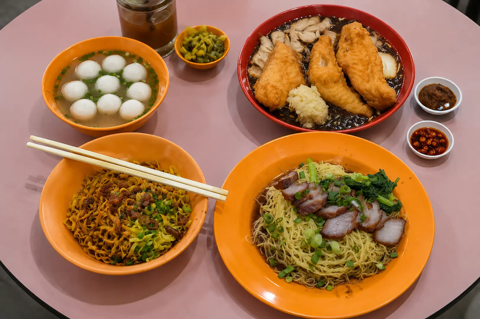 Table spread of Singaporean noodle dishes including fish ball soup, dry noodles, char siu noodles, and lor mee with fried fish