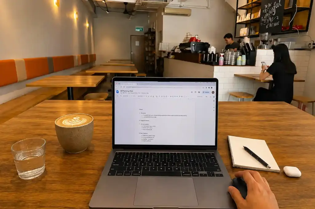 Person working on a laptop with a latte and notebook at a wooden table in a busy, warmly lit cafe