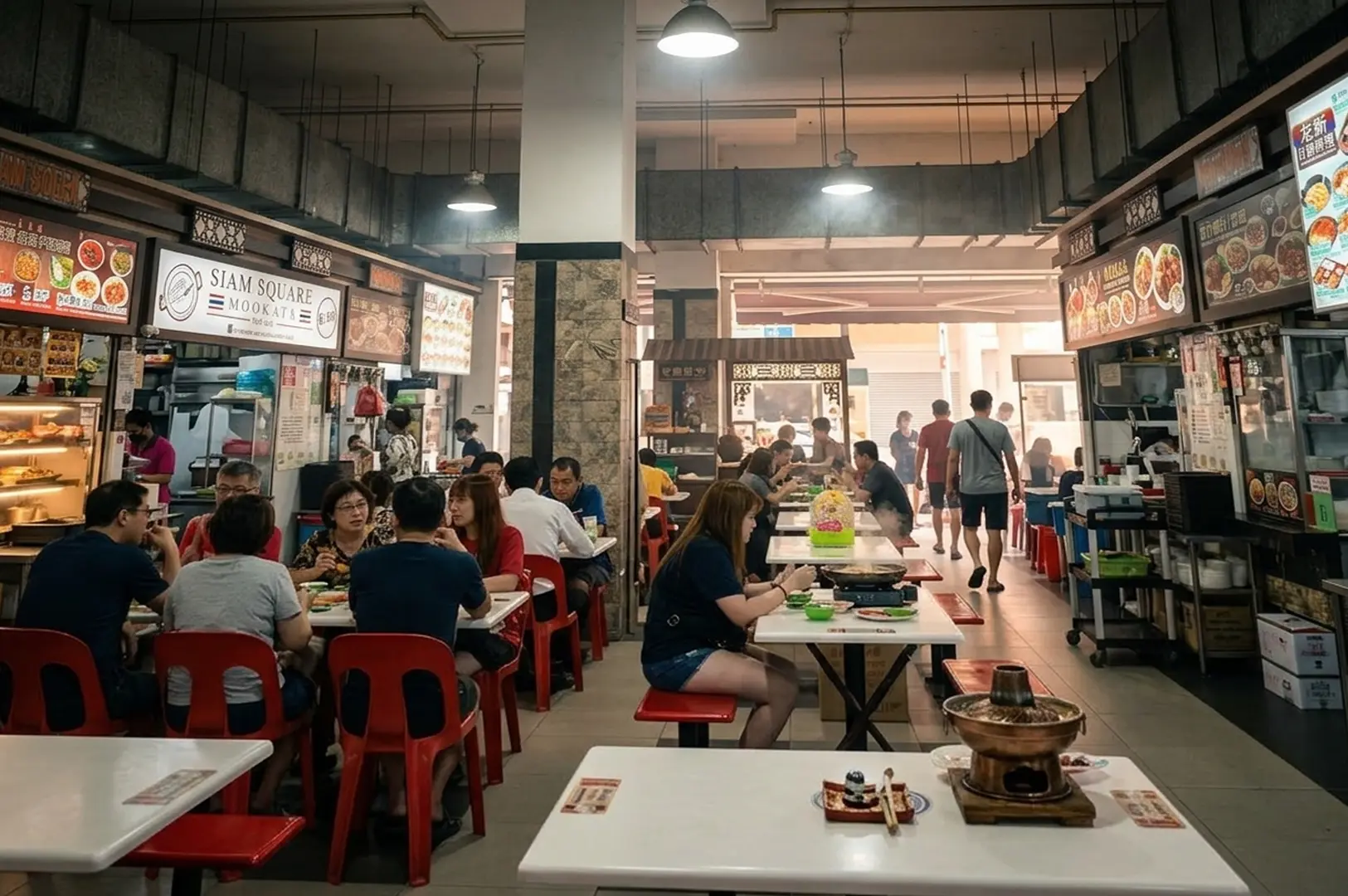 Interior view of a busy hawker center with diners and food stalls