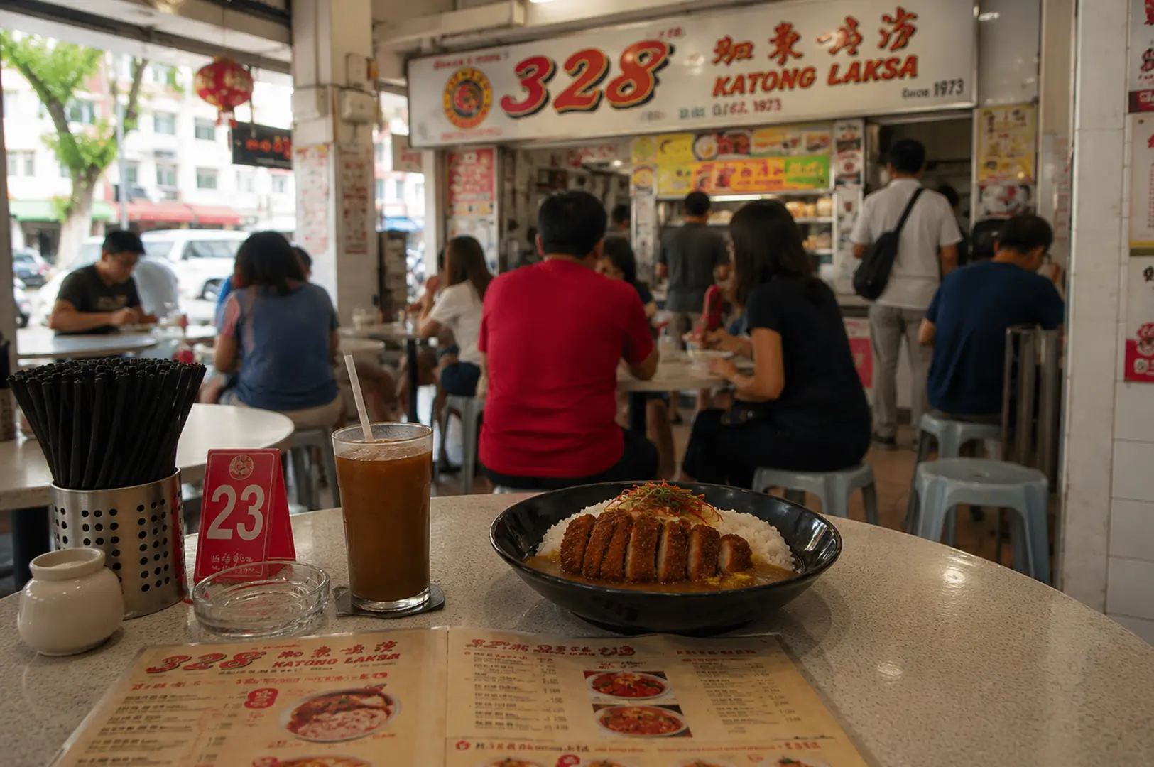 Bowl of katsu curry and iced tea at a table in front of the 328 Katong Laksa stall sign, showing a busy hawker center dining scene