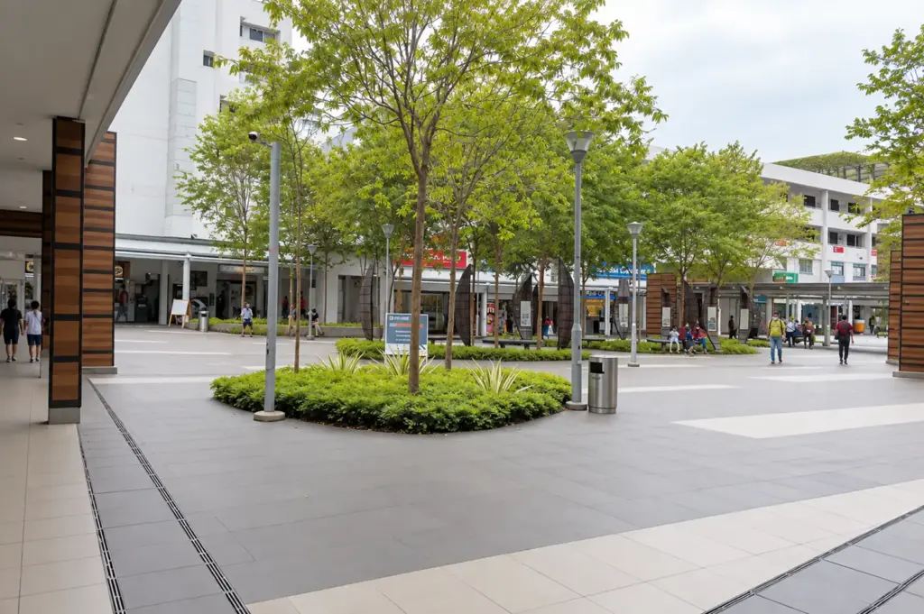 Green, tree-lined public plaza in Bedok, Singapore, with sheltered walkways, shops, and people moving through the town centre.