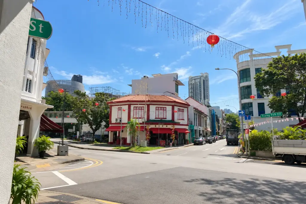 Sunny street scene in Tiong Bahru, Singapore, with heritage shophouses, red lanterns, and modern high-rise buildings.