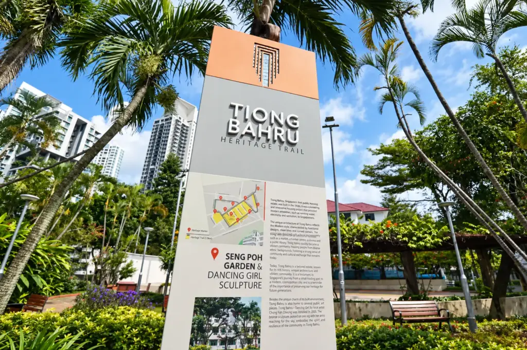 Heritage trail sign in Tiong Bahru surrounded by palm trees, lush greenery, and modern residential buildings under a bright blue sky.