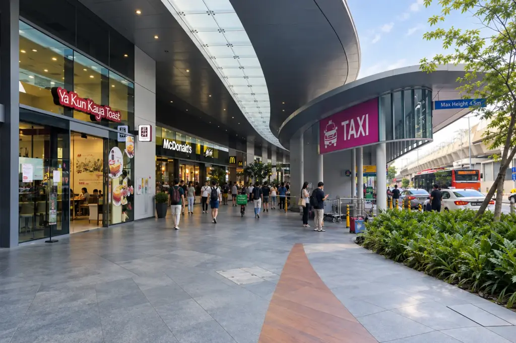 Busy covered walkway outside Bedok Mall in Singapore, with Ya Kun Kaya Toast, McDonald’s, taxis, buses, and pedestrians.