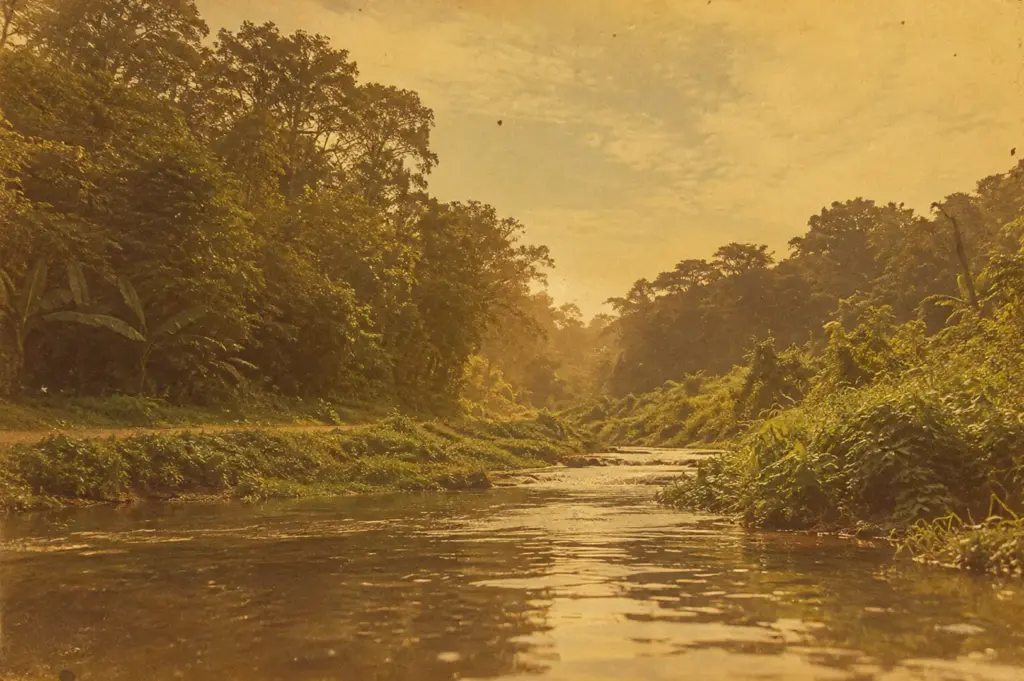 An old sepia photograph of Clementi River in Singapore, showing the river winding through lush tropical greenery.