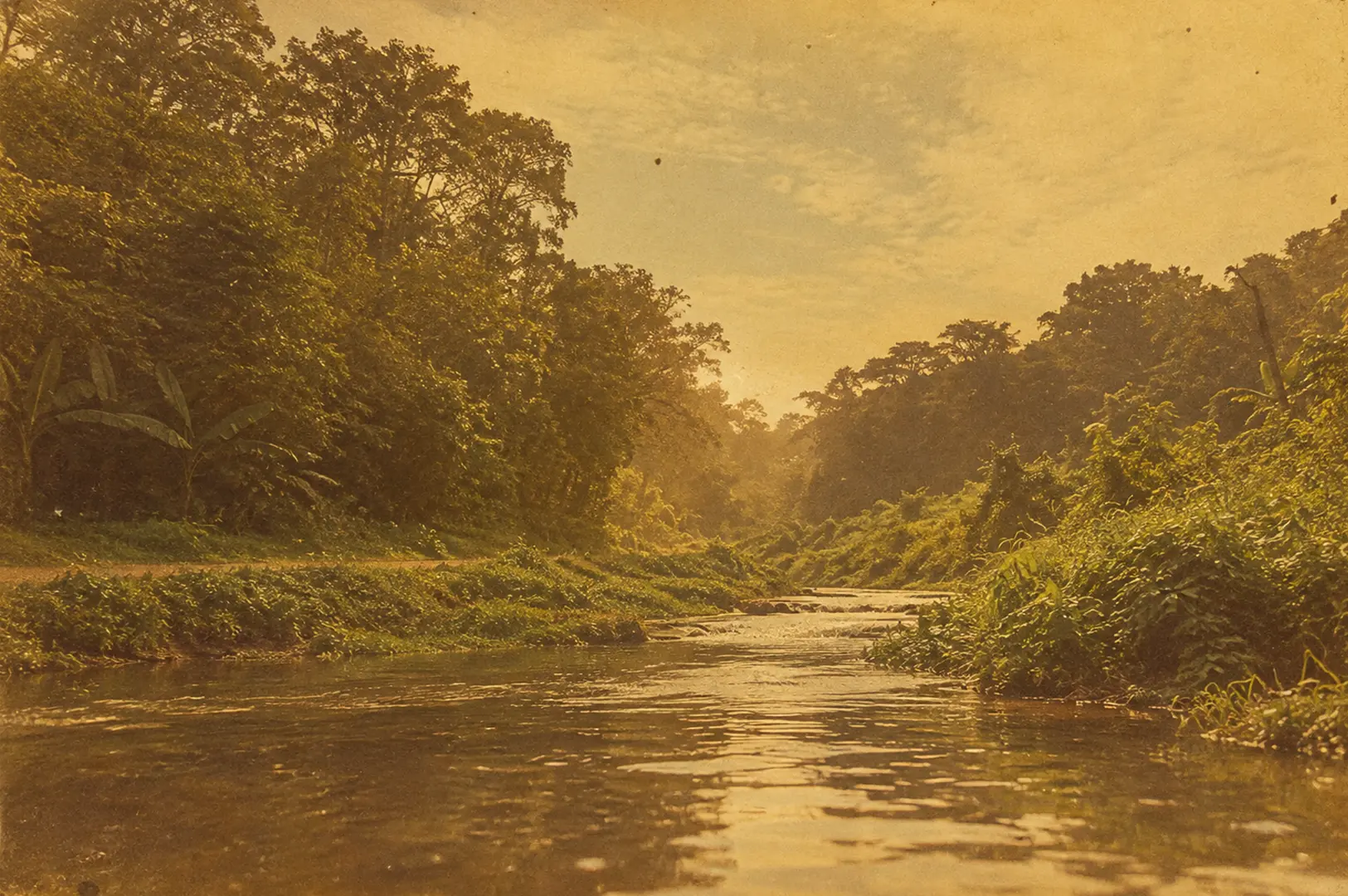 An old sepia photograph of Clementi River in Singapore, showing the river winding through lush tropical greenery.