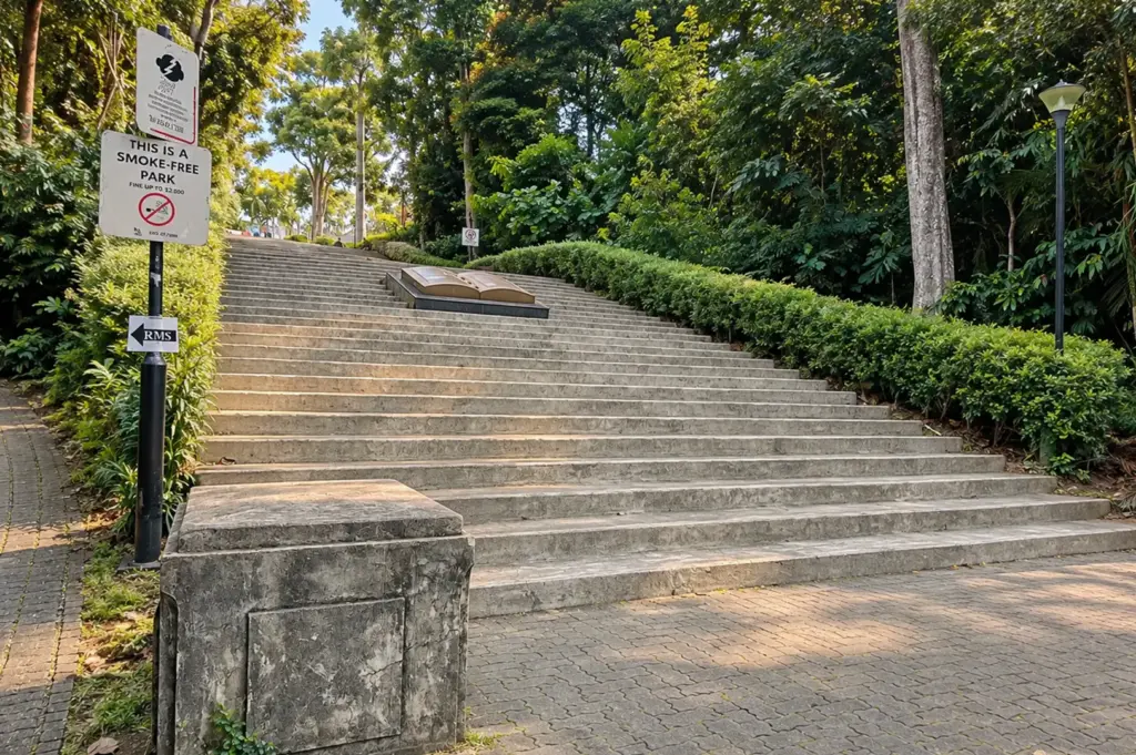 A wide stone staircase surrounded by dense greenery leads to a memorial area, reflecting Bukit Batok’s historical landmarks and wartime heritage.