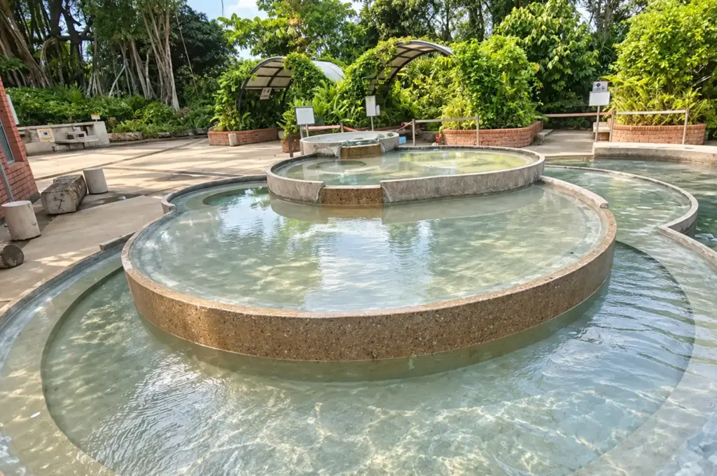 Sembawang Hot Spring Park with cascading pools surrounded by lush greenery and visitors soaking in the warm water.