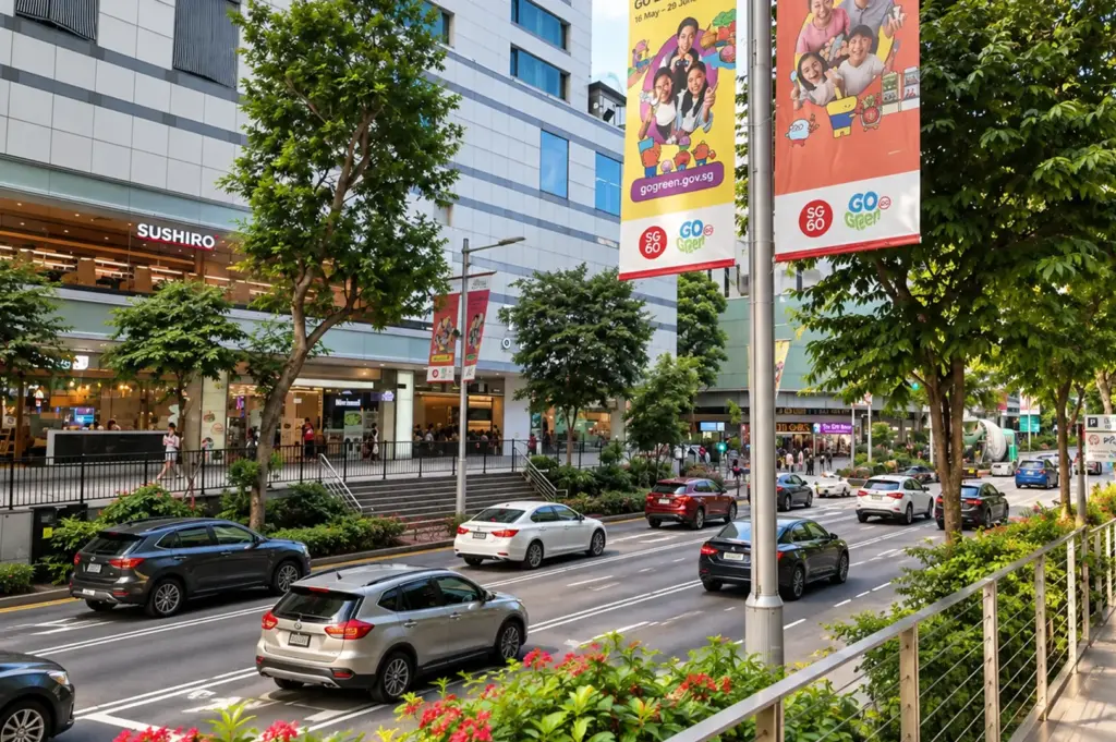 Busy Orchard Road with shops, traffic, greenery, and pedestrians along the shopping district.